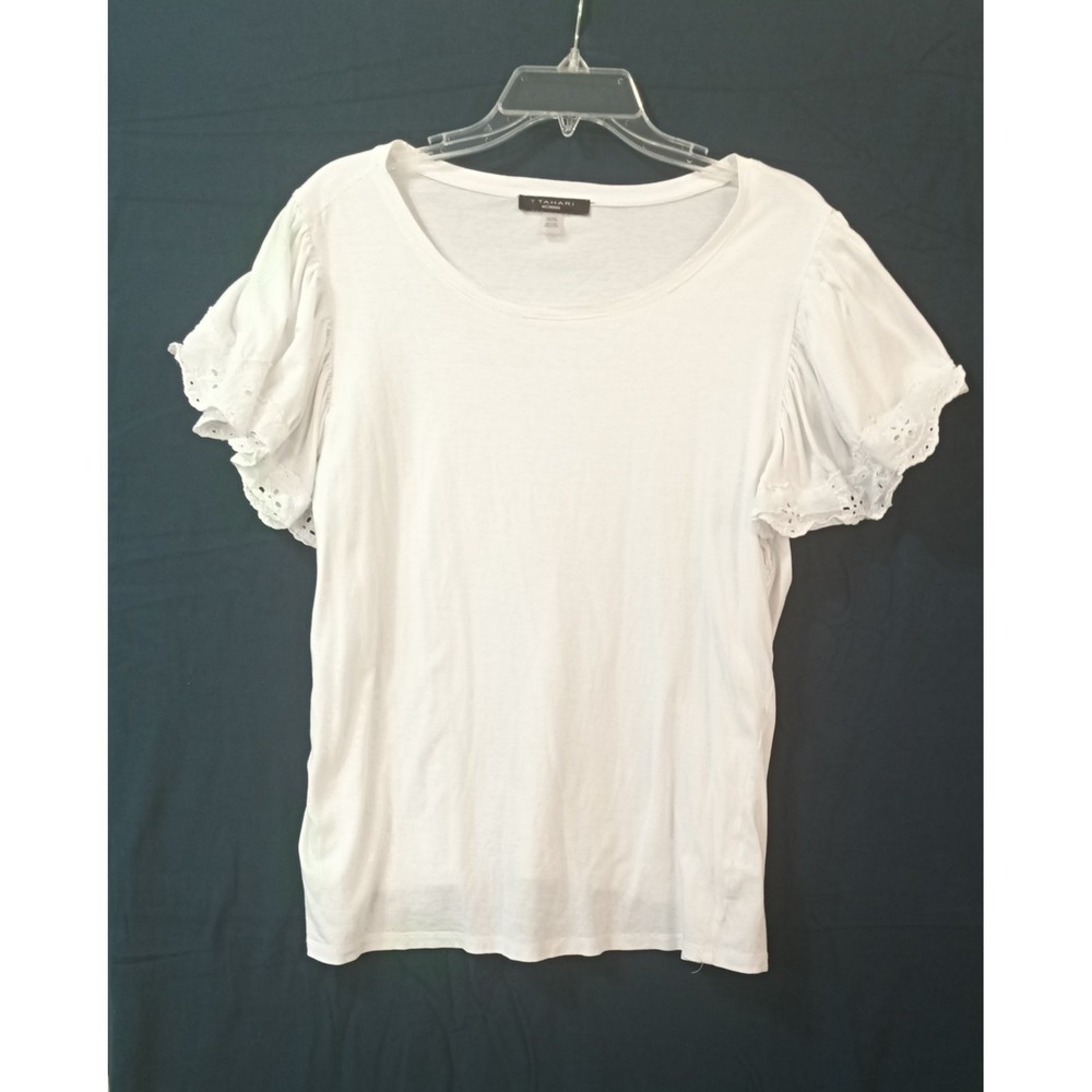 $49 PLUS 1X TAHARI WOMAN solid white tee shirt blouse cap sleeve + eyelet trim